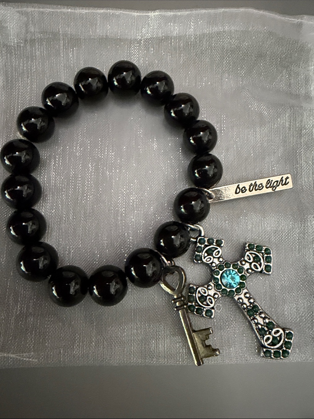 Be The Light Black Beaded Stretch Bracelet with Cross & Key Charms